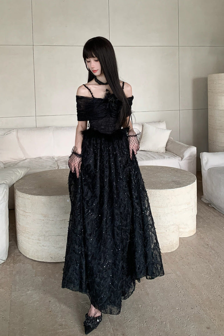 Off-Shoulder Jacquard Dress with Bow and Gothic Style