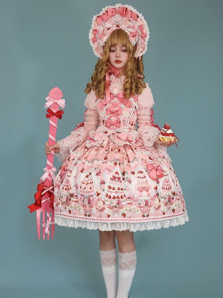 Accents Bow JSK Strawberry Print Full Sweet Set / Pink Desserts Lolita and