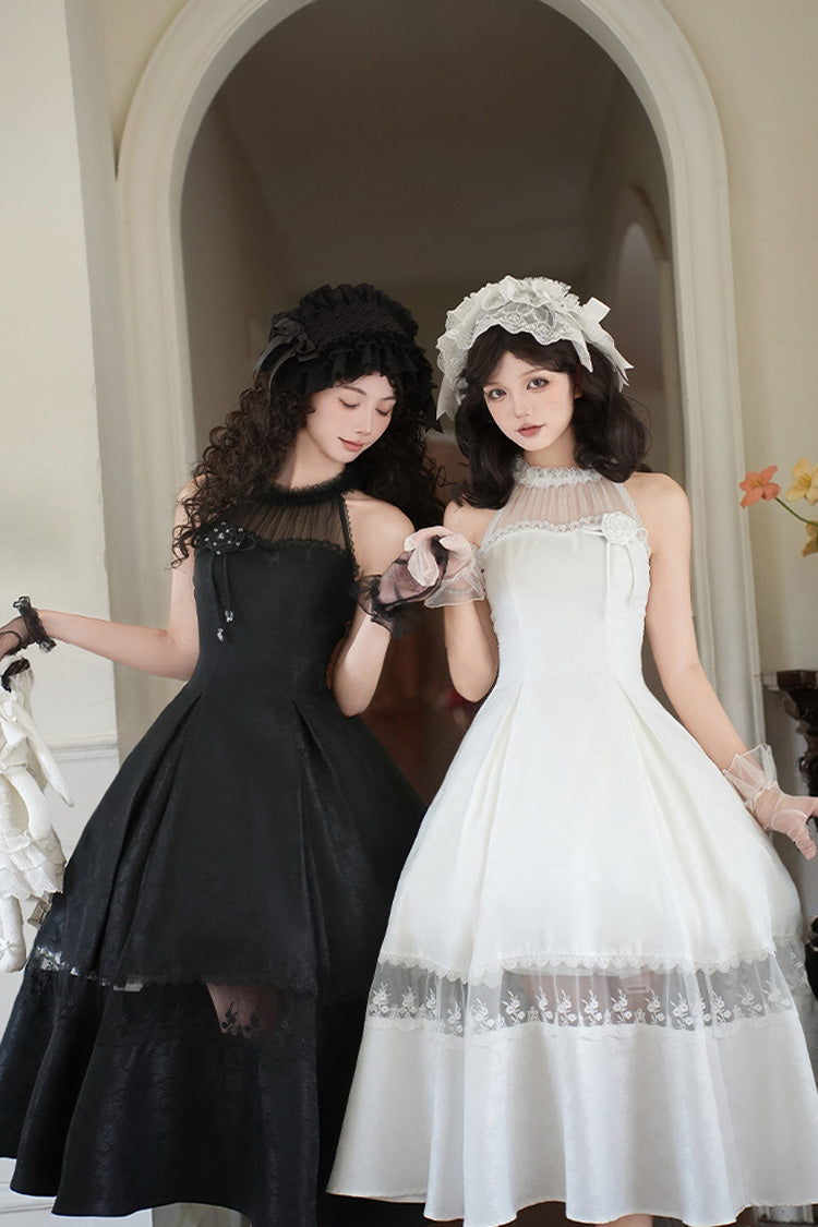 Snow Off Shoulder Halterneck Printed Ruffle Gothic Elegant Dress - Flowers in the Mist
