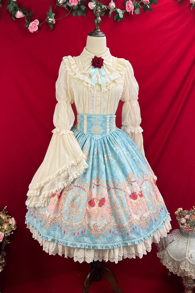 Blue Moonlit Garden Print Ruffle Lace Sweet Palace Lolita Skirt