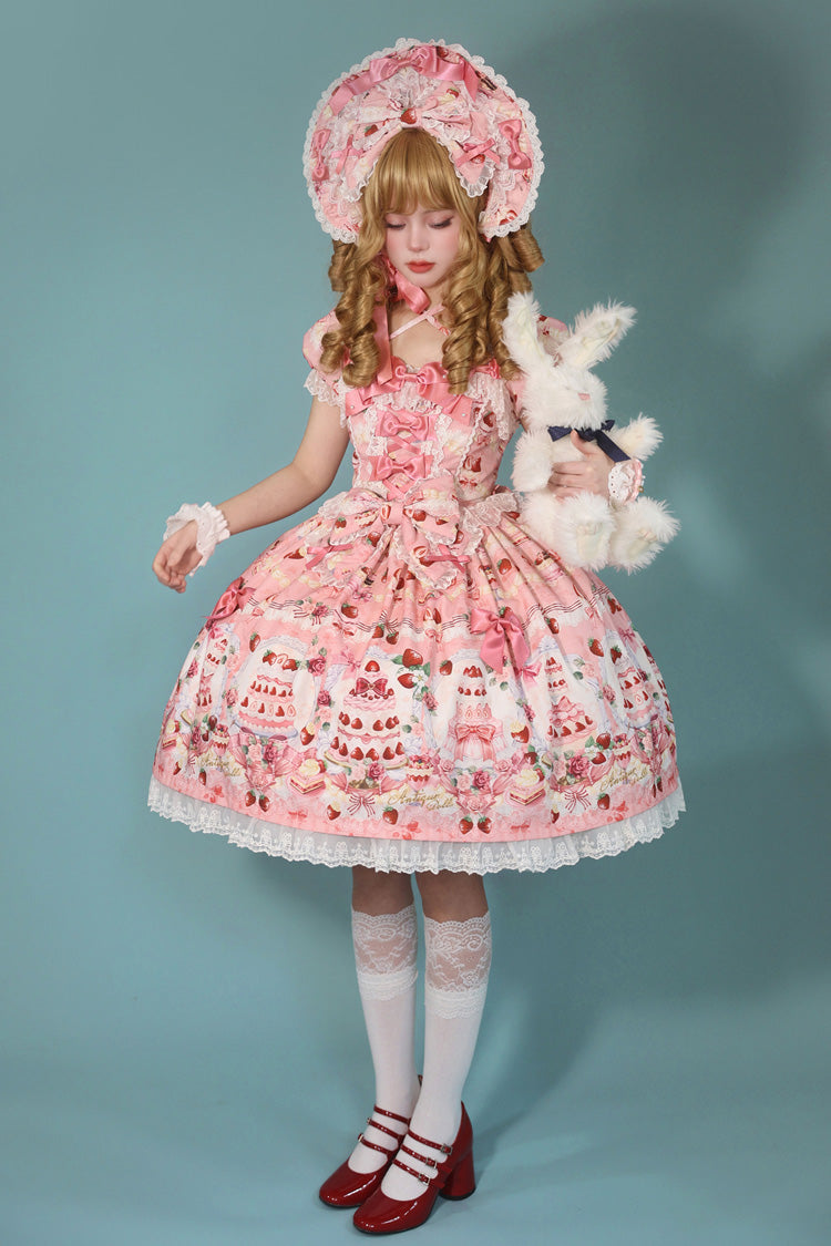 Strawberry Cake Bouquet Print Square Collar Short Sleeve Bow Lace Sweet Lolita Dress - 3 Colors