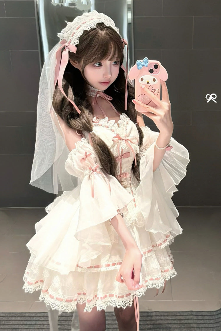 White Little Love Song Detachable Trumpet Sleeve Bow Lace Top Skirt Set