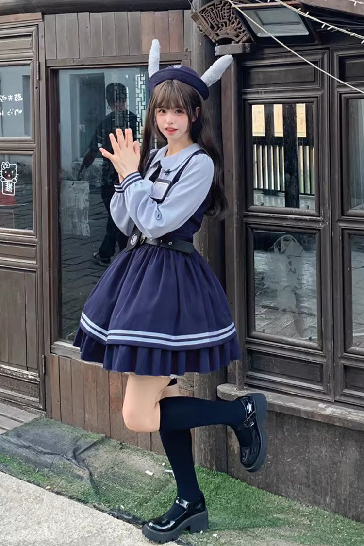 Blue Rabbit Officer Long Sleeves Printed Ruffled Faux Two-Piece College Style Sweet Dress