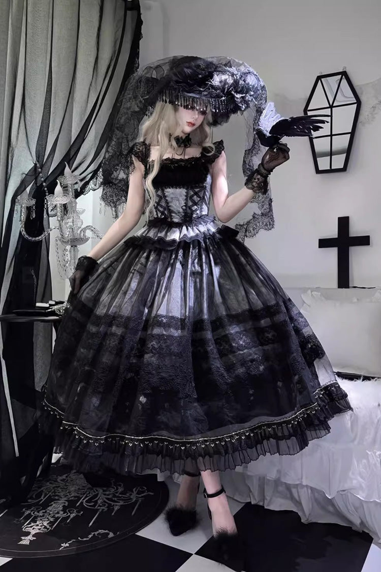 Sweet Lolita JSK Skirt Set with Ruffle Bowknot, Lace-Up, Grey/Blue Mist Vineyard