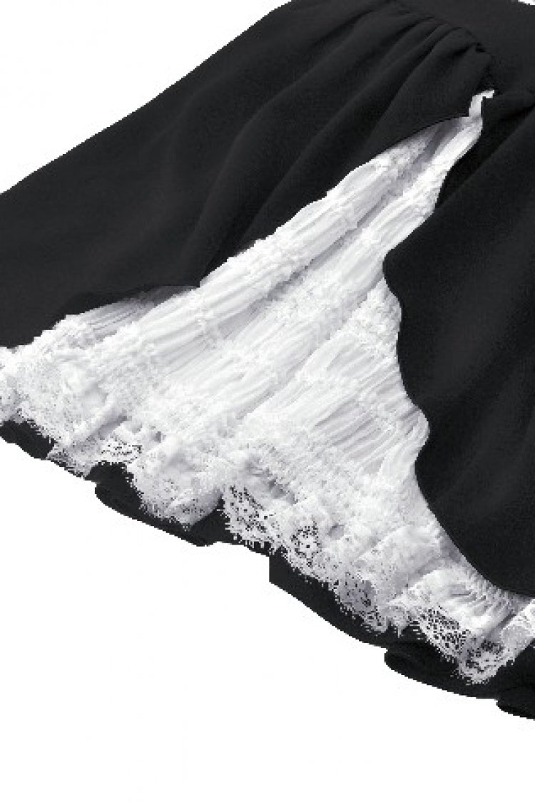 Monochrome Gothic Dress with Pleated Lace, Stand Collar, and Puff Sleeves