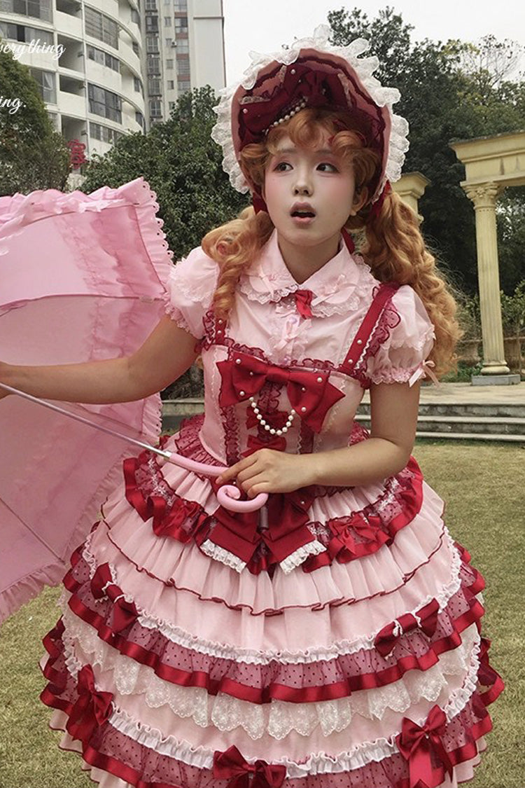 Ribbon Berries Sleeveless Multi-Layered Ruffled Bow Lace Sweet Lolita JSK Dress - Red
