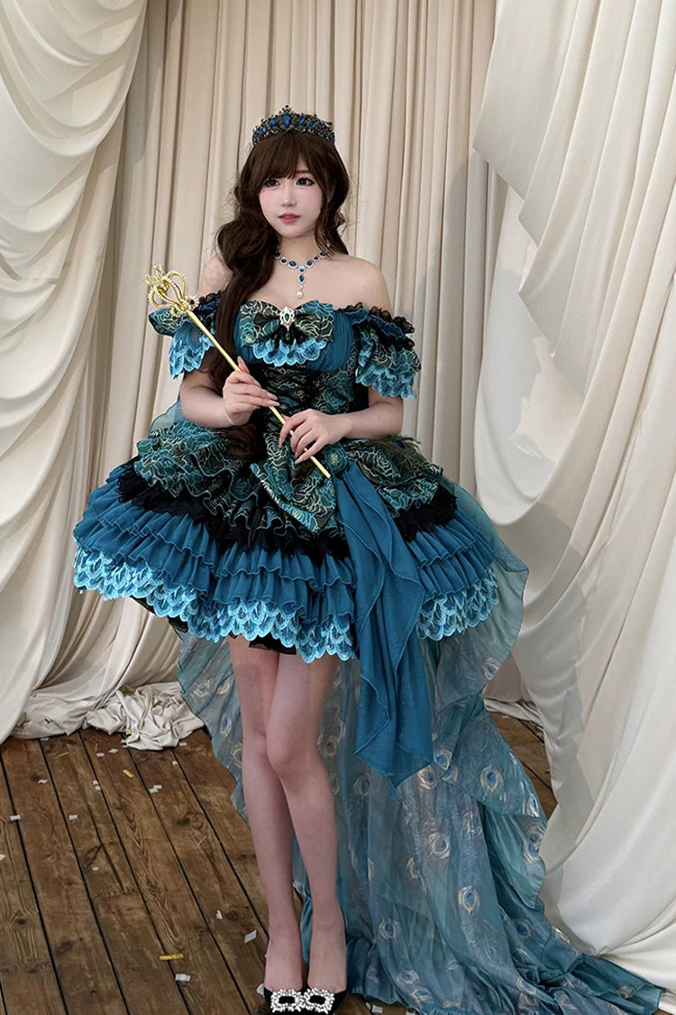 Peacock Spirit Princess Multi-Layered Ruffled Bow Lace-Up Classic JSK