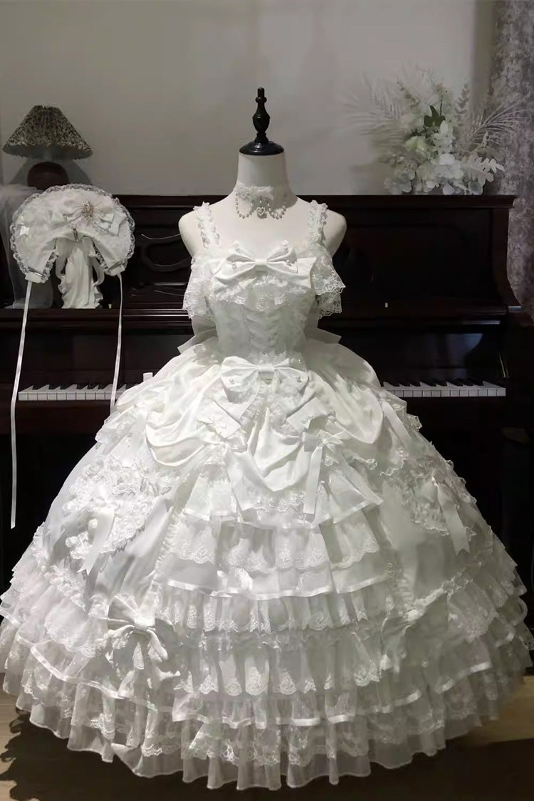 White Ode of the Curtain Multi-Layered Ruffled Hanayome Open-Front Bow Lace Lace-Up Sweet Long Jsk Dress