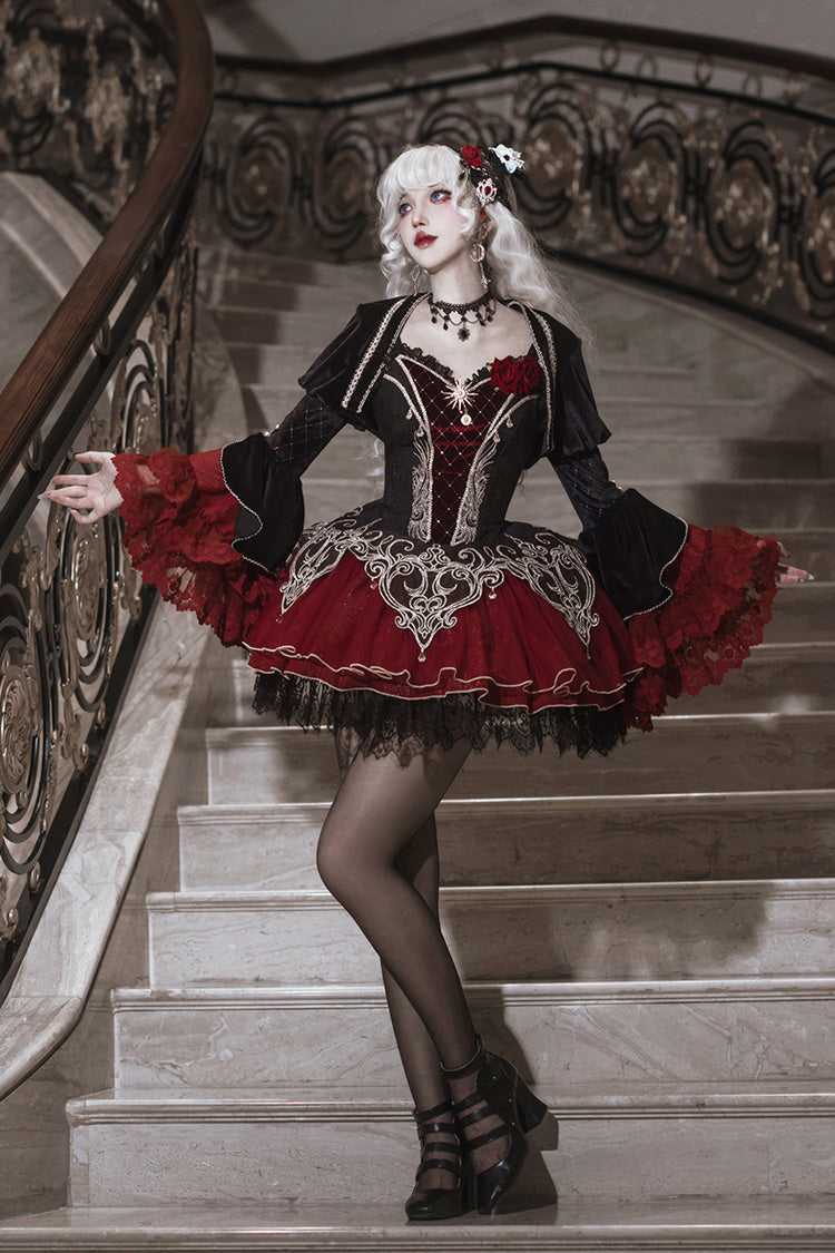 Black Red Blood Clan Feast Ruffle Embroidery Lace Gothic JSK Set