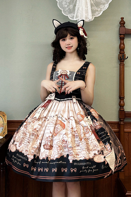 Black Fox Print Square Collar Bowknot Classic Lolita Jumper