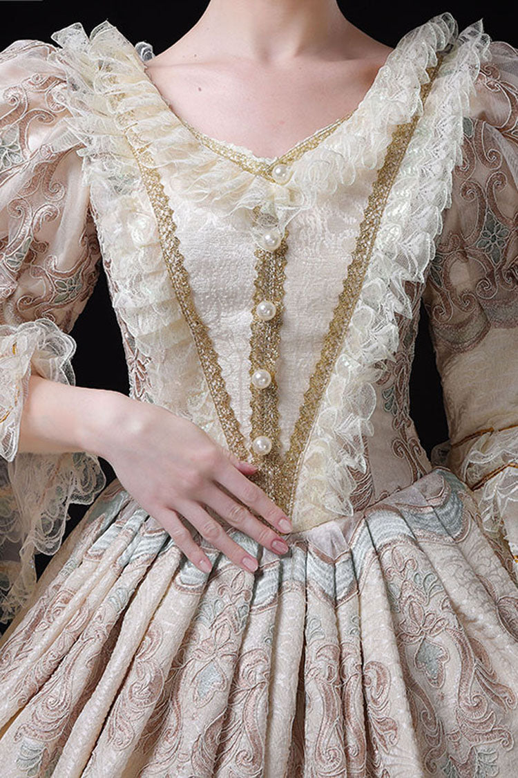 Champagne Lace Victorian Gown with Embroidered Floral Pattern - Altfashion Shop