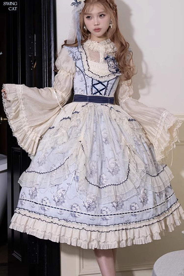 Swing Cat Print Ruffled Bow Lace Sweet Elegant Lolita Jumper Dress