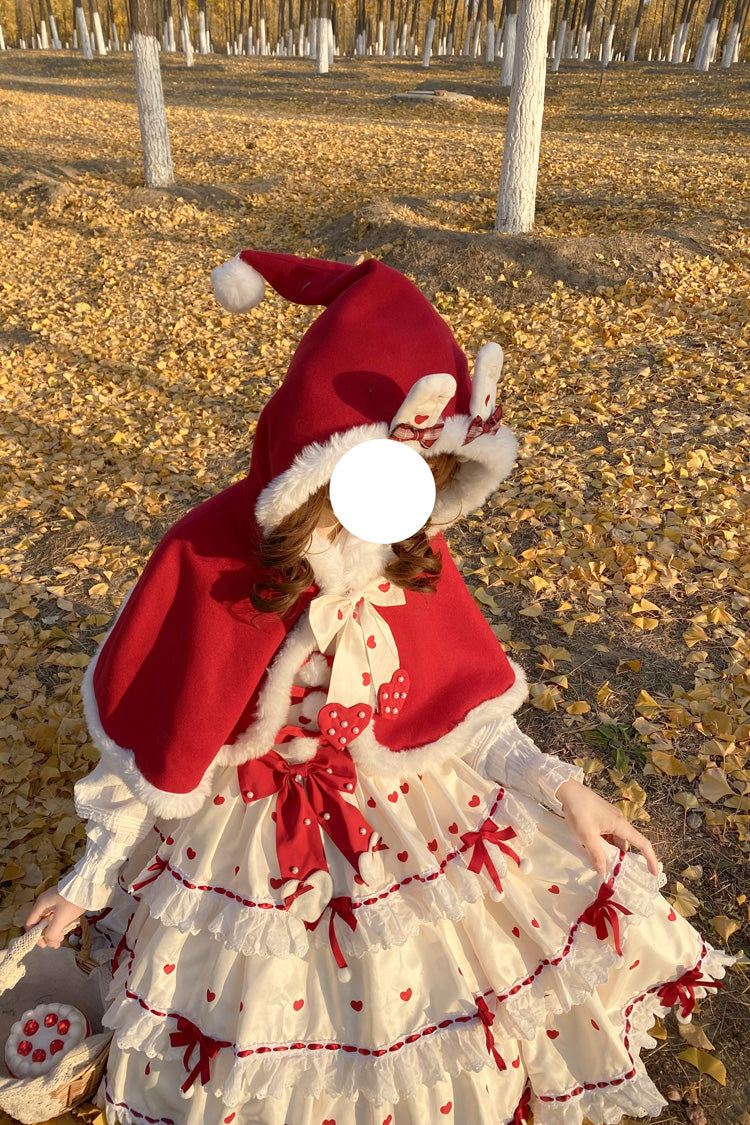 Crimson Apricot Triple-Layered Printed Ruffled Bow Lace Sweet Princess Lolita Dress with Cape