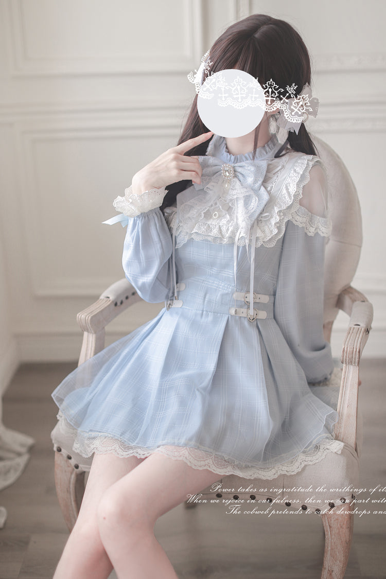 Aqua Long Sleeve Bow Lace Sweet Jirai Kei Dress