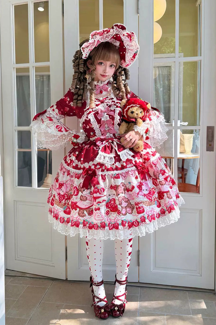 Scarlet Sweet Berry Bunny Bear Half Sleeve Printed Bow Lace Laced Sweet Lolita OP Dress