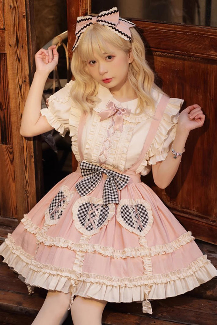 Pink Dorothy Heart Ruffled Bowknot Sweet Lolita Strap Dress