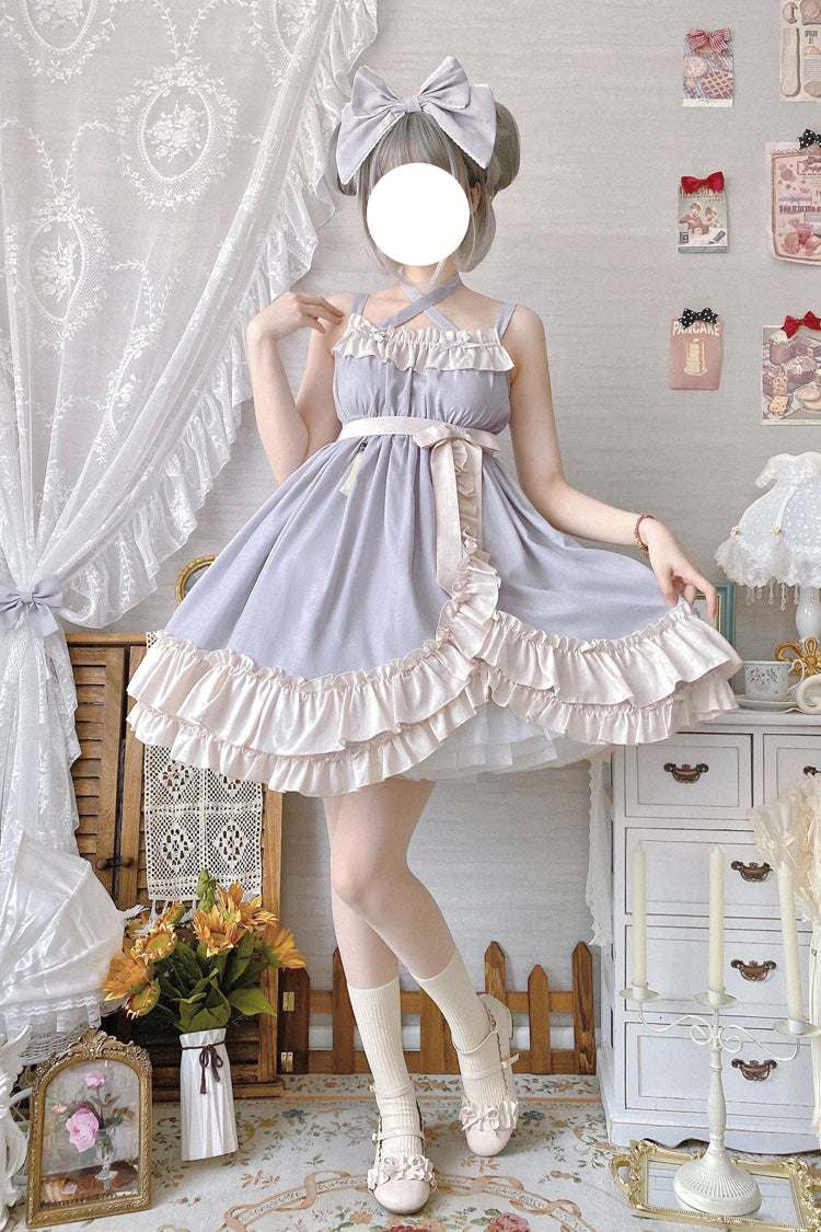 Sweet Lolita JSK Dress with Asymmetric Ruffle, High Waist, Grey Monet Estate