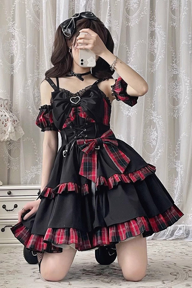 Black Red Plaid Print Color Contrast Leather Buckle Bowknot Ruffle JSK