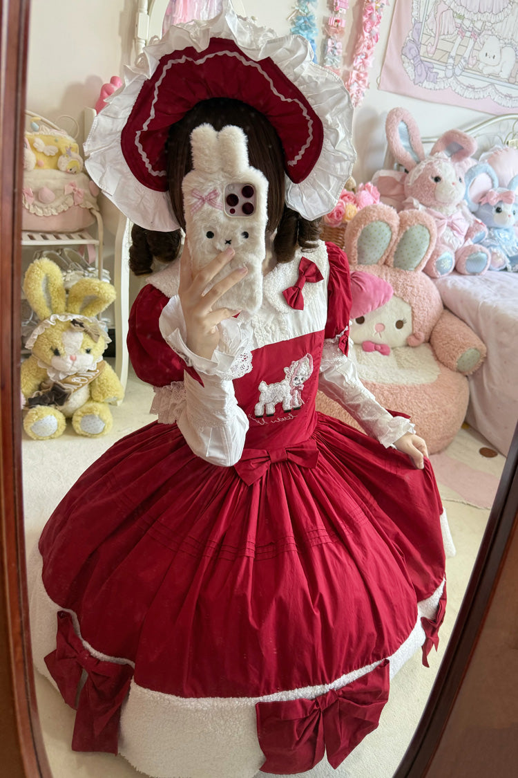 Crimson Shepherd Girl's Poem Doll Neck Short Sleeve Ruffled Bow Sweet Lolita Gown