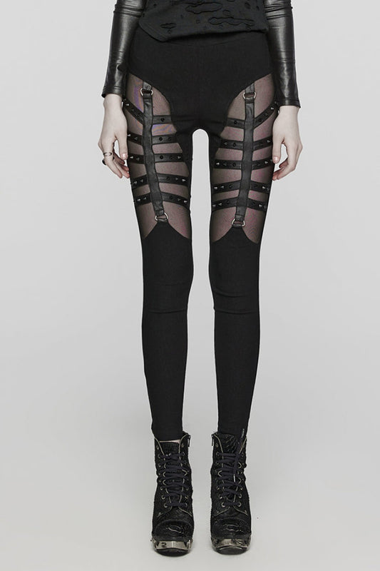 Riveted Mesh Leggings with Lace-Up Detail & Metal Accents for Steampunk Style
