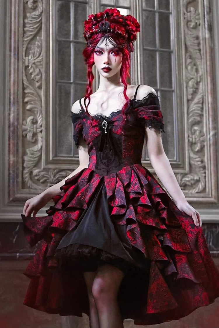 Black Red Feast in Hades Short Sleeve Print Ruffle Cardigan Dress