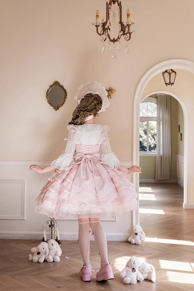 Pink Cherry Blossom Letter Sleeveless Multi-Layered Ruffled Embroidered Open-Front Bow Gorgeous Sweet Jsk Dress