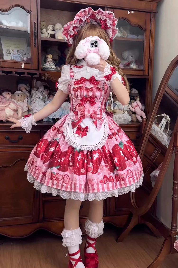 Dream to Strawberry Print Ruffled Bow Lace Sweet Lolita JSK Dress - 4 Colors