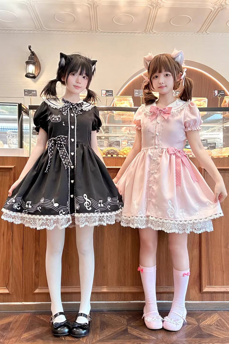 Black Melody Kitty Doll Collar Short Sleeves Ruffled Embroidered Bow Lace Sweet Dress