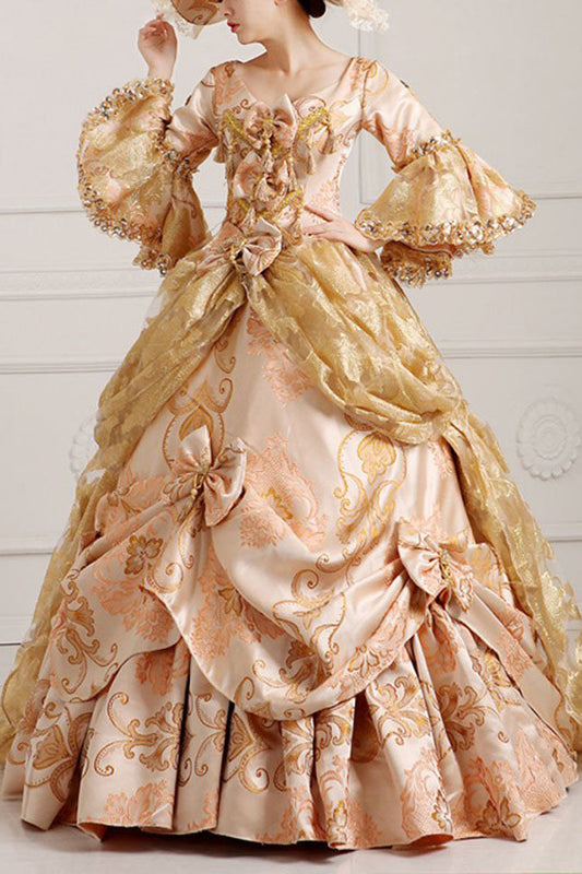 Beige Victorian Dress with Bow and Embroidered Floral Pattern - Altfashion Shop