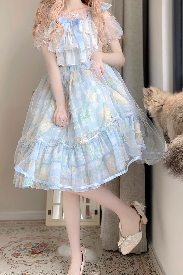 Blue Lemon Sweet Lolita Short Sleeve Print Ruffle Bowknot Jsk Dress