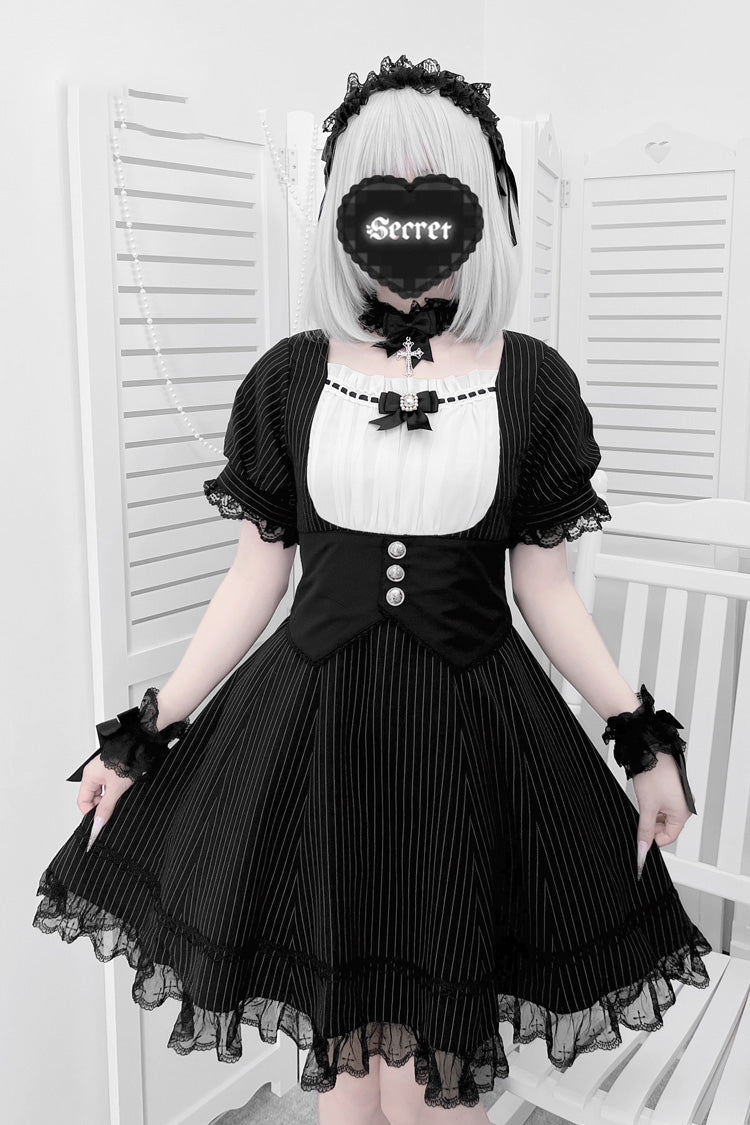 Monochrome Striped Short Sleeve Ruffle Bow Cross Waist Maid Sweet Japanese Dress Set