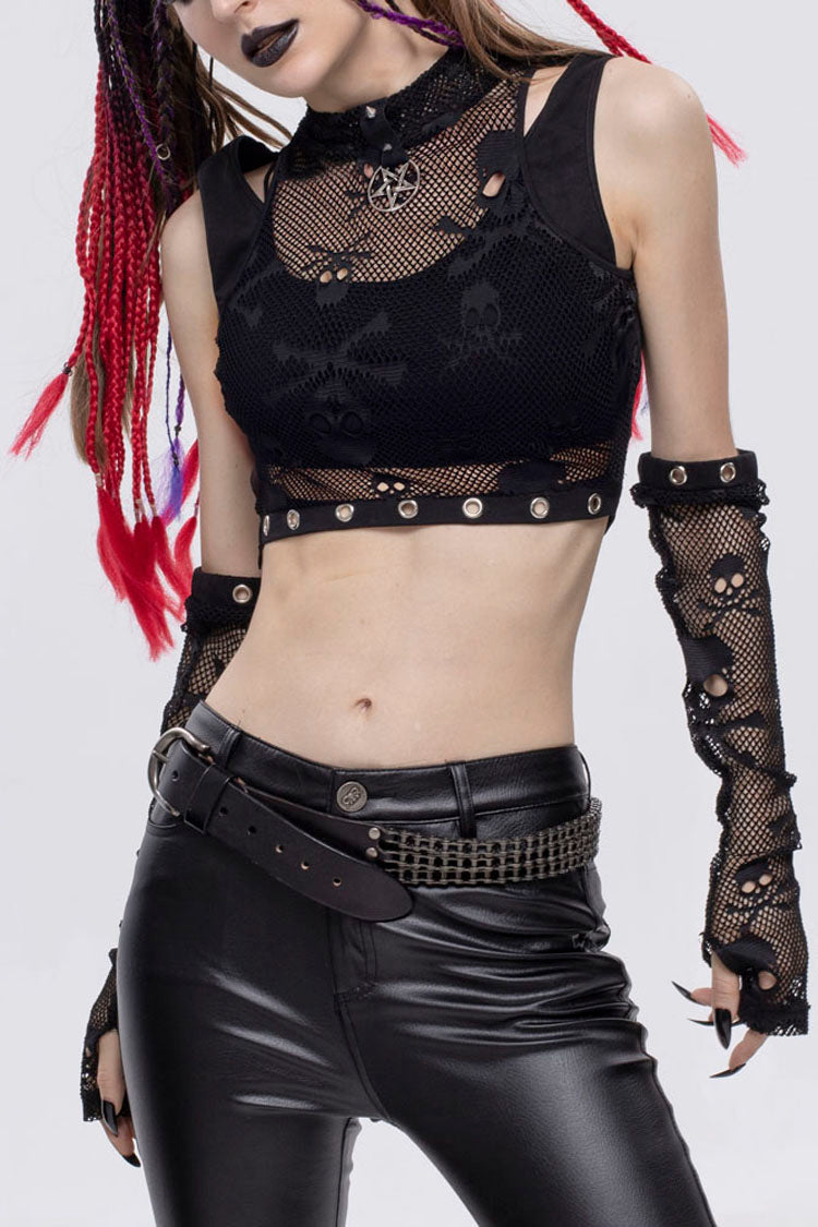 Gothic Cotton Knit Two-Piece Look High Collar Skull Mesh Mini Vest