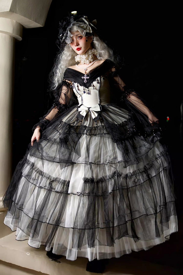 Monochrome Gothic Plus-Size JSK with Lace-Up Front and Hanayome Ruffles - Long