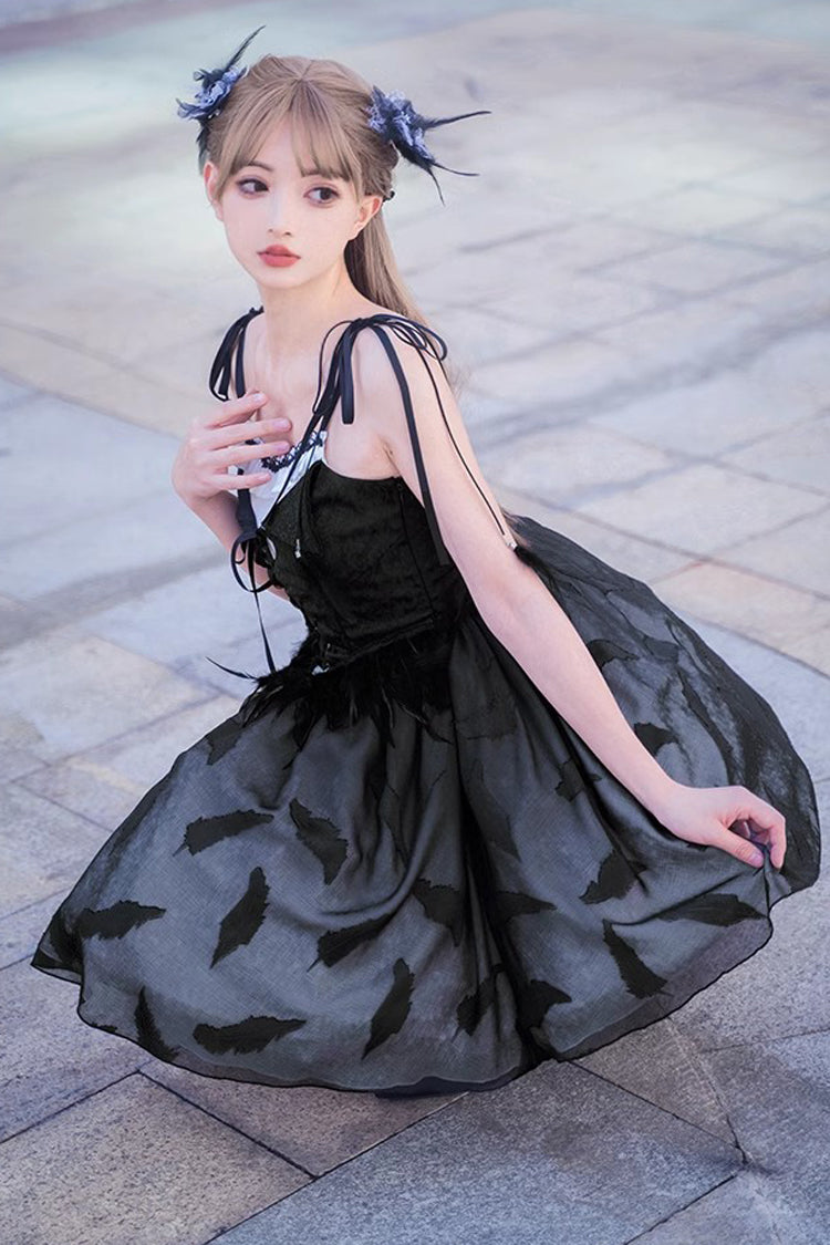 Black Swan Ballet Feather Print Gothic JSK Dress - Silent Melody