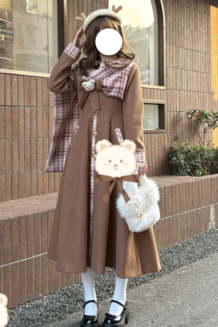 Single-Breasted Bow-Stitched Long-Sleeve Elegant Coat in 2 Colors - Cookie Mousse