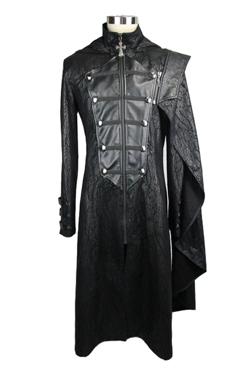 Men's Punk Long Leather Coat with Hooded One Side Shawl Style