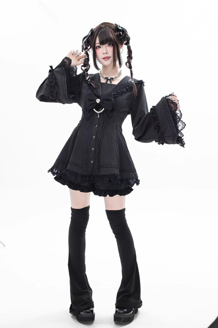 Dark Night Prayer Square Collar Long Sleeve Bow Lace Pearl Sweet Jirai Kei Dress and Shorts Set