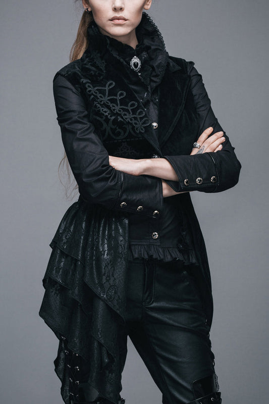 Noir Velvet Gothic Waistcoat with Frog Closures and Asymmetric Hem