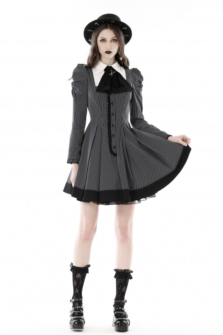Black/White Notch Collar Puff Sleeve Gothic Striped Preppy Dress