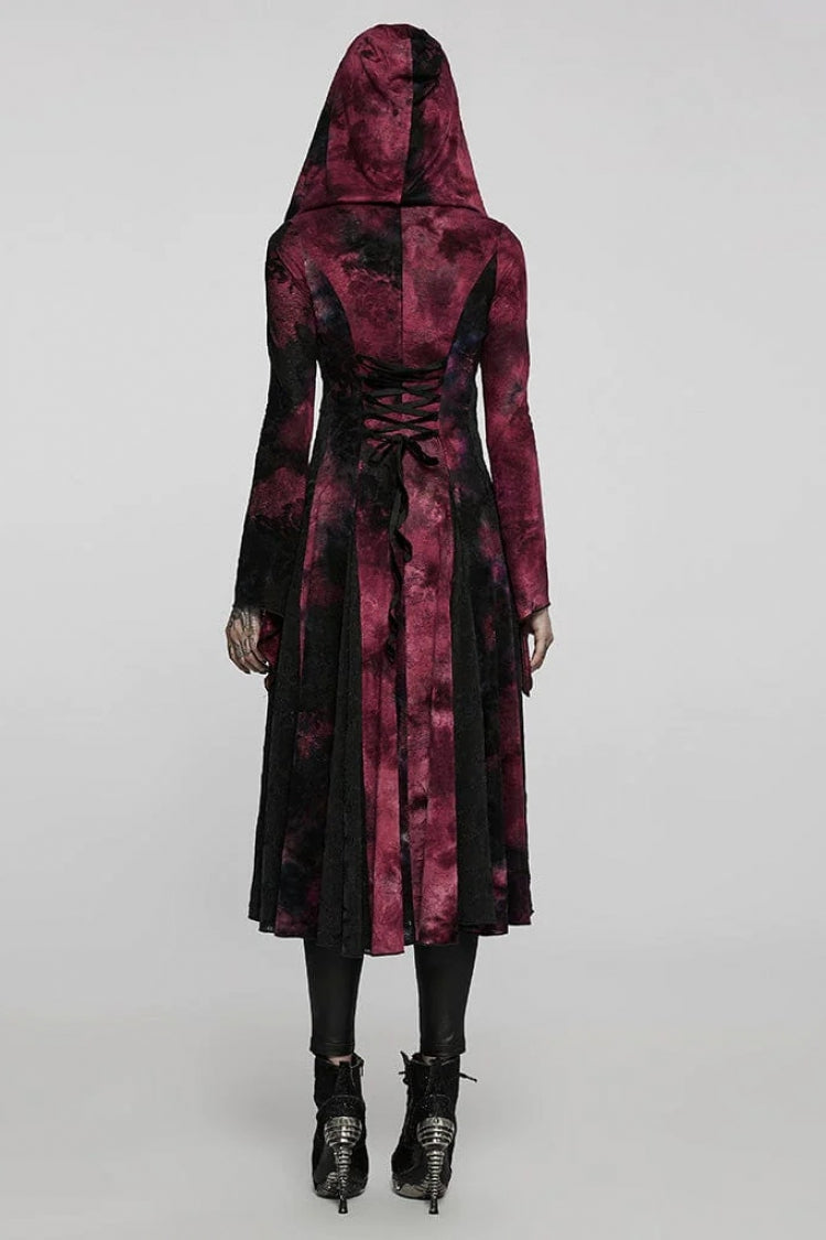 Crimson Noir Flared Bell Sleeves Stitched Hooded Women's Vintage Gothic Overcoat