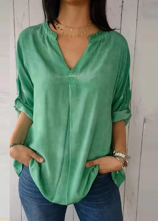 Short V Solid Sleeve Green Neck 2025 Shirt