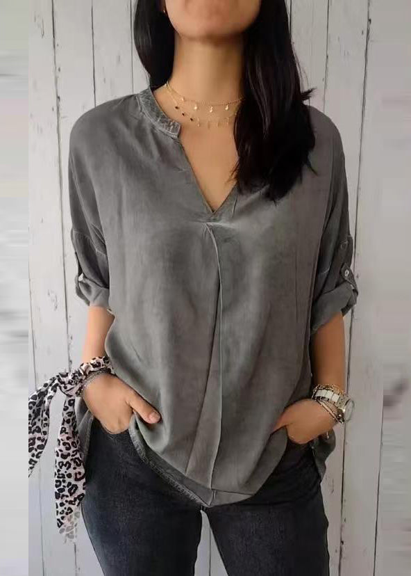 Short V Solid Sleeve Green Neck 2025 Shirt