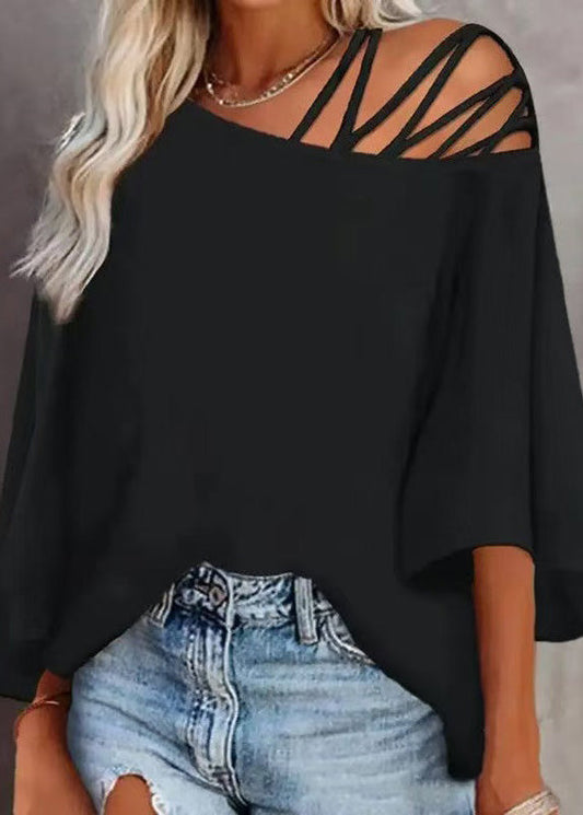 Loose Sleeve 2025 Batwing Top New Out Hollow Black