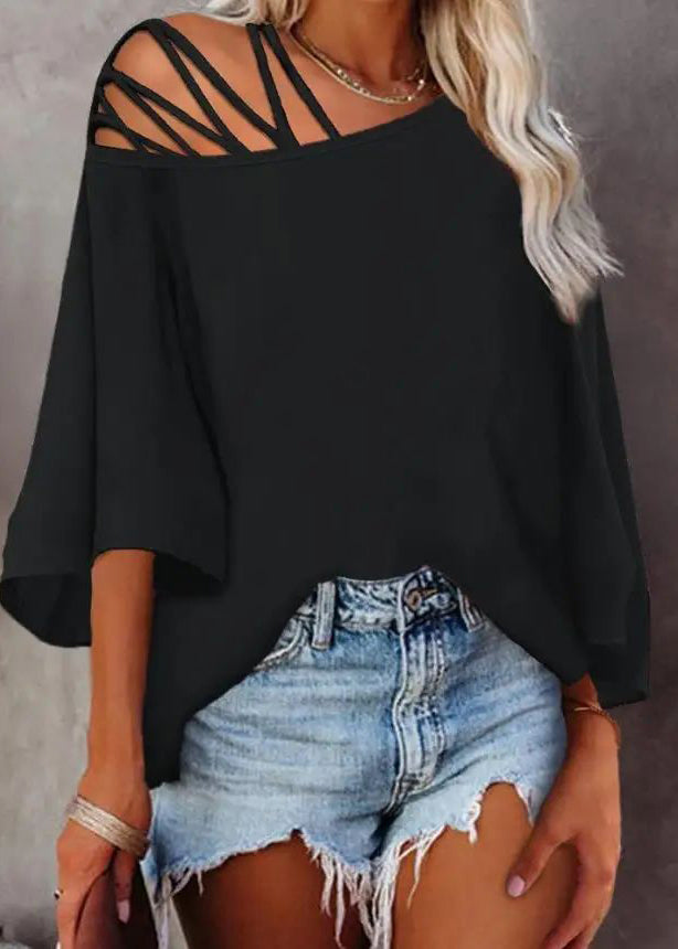 Loose Sleeve 2025 Batwing Top New Out Hollow Black