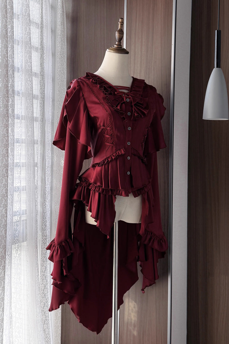 Echoes of the Deep Sea Hime Sleeve Ruffled Bow Corset Gothic Ouji Lolita Blouse in Four Shades