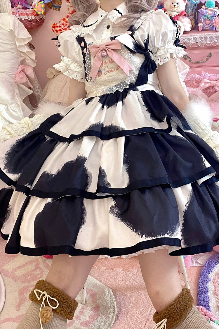 Black Sleeveless Triple Layer Cow Print Ruffle Bow Sweet Jsk