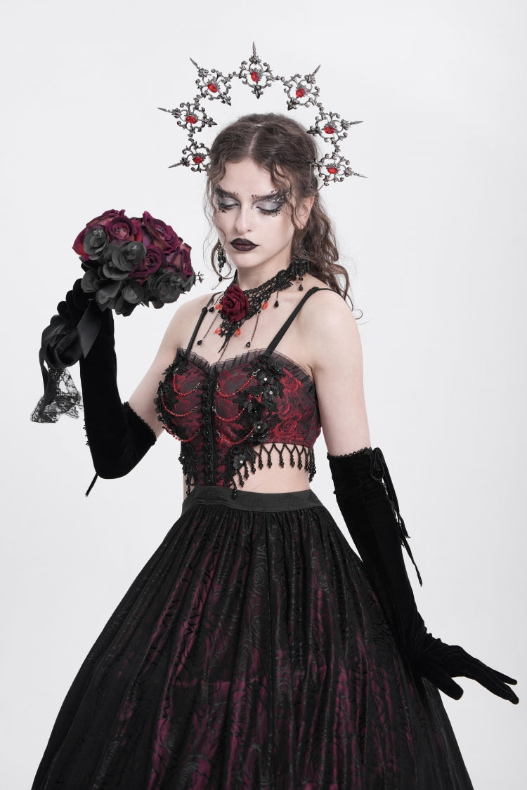 Scarlet Jacquard Floral Embroidered Lace Ripped Gothic Party Slip Dress