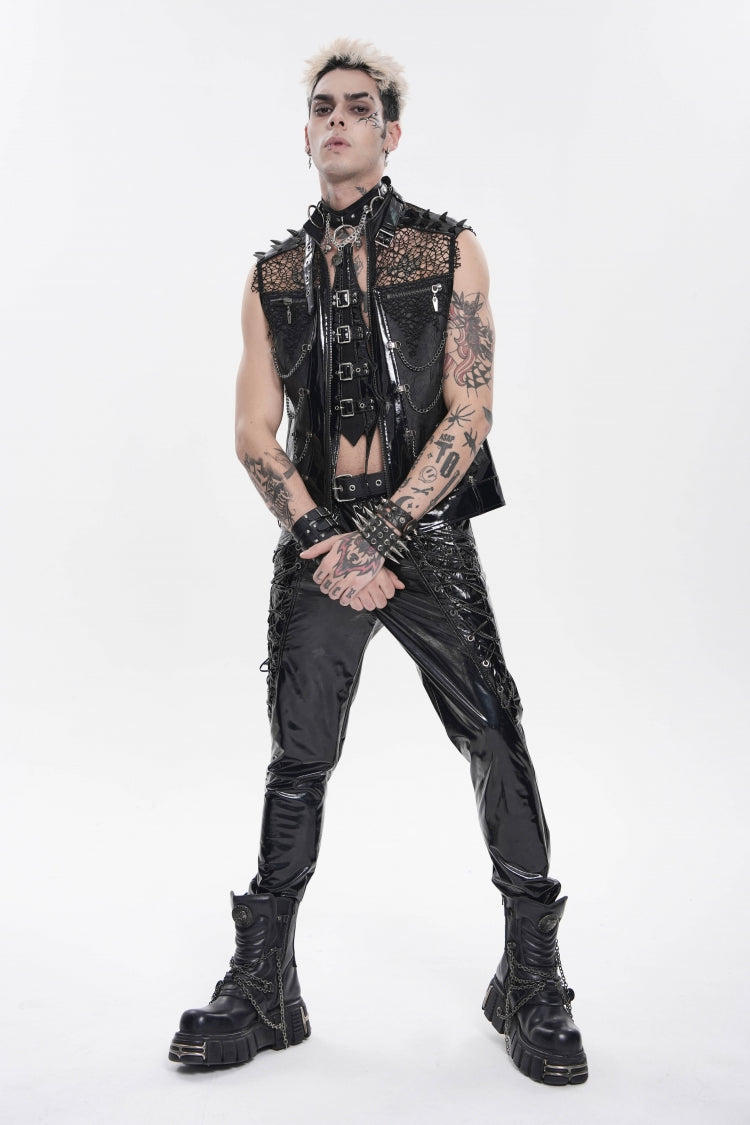Noir Punk Vest with Chains, Studs, and Mesh Accents