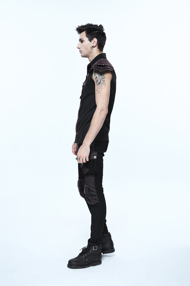 Sleeveless Punk Shirt with Armor Shoulder and Hasp