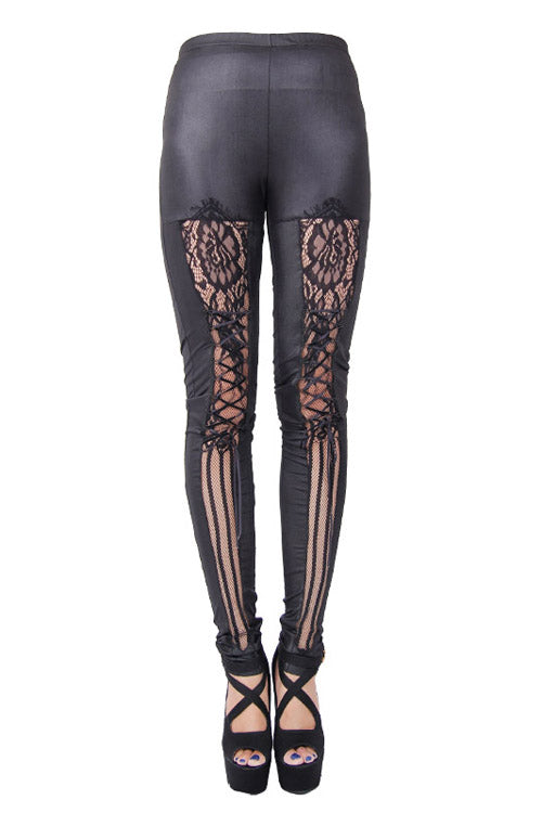 Women's Gothic Knit Pants in Black with Mesh Splice & Lace-Up Front